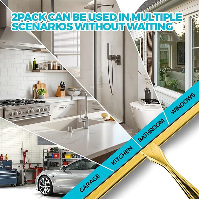 2PACK 9.5-Inch Golden All-Purpose Shower Squeegee for Shower Doors, Bath Linen Sets, Tile Shower Walls, Bathroom, Window, Glass and Car Windshield, Mirrors and Kitchen-Stainless Steel