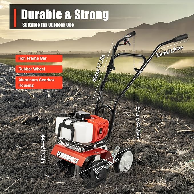 2 Stroke Tiller Cultivator, 52CC 1700W Gas Powered Garden Tiller Single Cylinder Air Cooled Tilling Machine Infinite Speed Regulation Rototiller w/4 Blades&0.22Gal Fuel Tank for Cultivation Ploughing