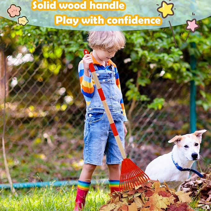 Kids Leaf Rake - 3-Section Adjustable Handle, Lightweight, Wood & Plastic, Small Garden Tool for Children (Red)