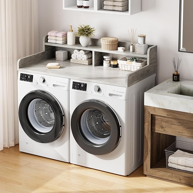 Garvee 54" Washer Dryer Countertop with 2-Tier Shelf, Wooden Laundry Countertop with Non-Slip Pad and Guard Rails, Washer and Dryer Topper for Laundry Room Organization