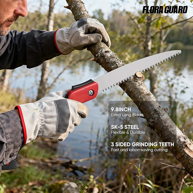 FLORA GUARD Folding Hand Saw, 10-Inch Folding Pruning Camping Heavy Duty Saw with Multi-Level Razer Teeth for Tree Trimming, Wood Cutting, Gardening Tools (Red-10")