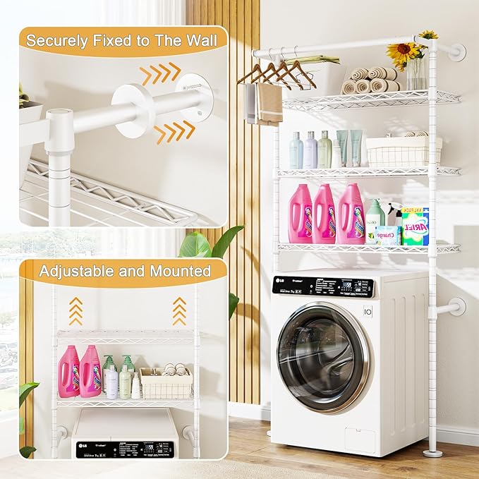 ULIFHOME U17 Wall-Mounted Over The Washer Dryer Shelves Without Moving Machines, Laundry Room Rack with Adjustable Shelves and Hanger Rod, 35" W x 22" D x 86.2" H, Holds 352 lbs, White