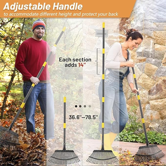 Garden Rake for Leaves - Heavy Duty Metal Leaf Rakes for Yard,Lawn,Shrub,Grass,Mulch,8.5" Small Head,6ft Adjustable Handle for Kids Adults