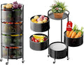 JAQ No Assembly Integrated Vegetable Storage Rack, 4-Tier Rotating Fruit Basket with Wheels, Solid Carbon Steel Kitchen Storage Cart for Potato Onion Produce, Fruteros para Cocina, Black
