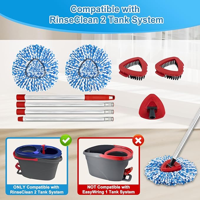 Spin Mop Handle, Mop Replacement Heads,Brush,Base Compatible with OCedar RinseClean 2 Tank,Inclued 2 Microfiber Mop Heads,1 Mop Base,2 Brush and 4-Section Mop Handle for Ocedar,Use for Floor Cleaning