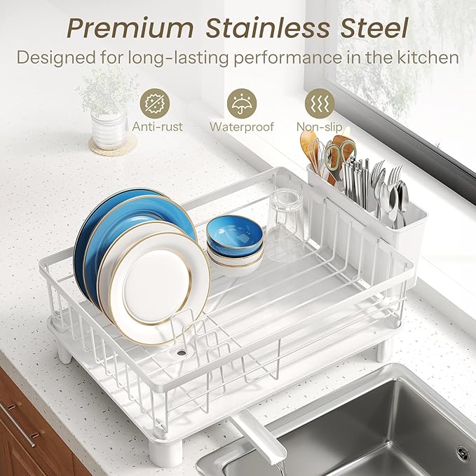 SNTD Dish Drying Rack - Small Dish Rack for Kitchen Counter, Stainless Steel Dish Drainer with Utensil Holder and Drainboard, 11" W x 15" L (White)