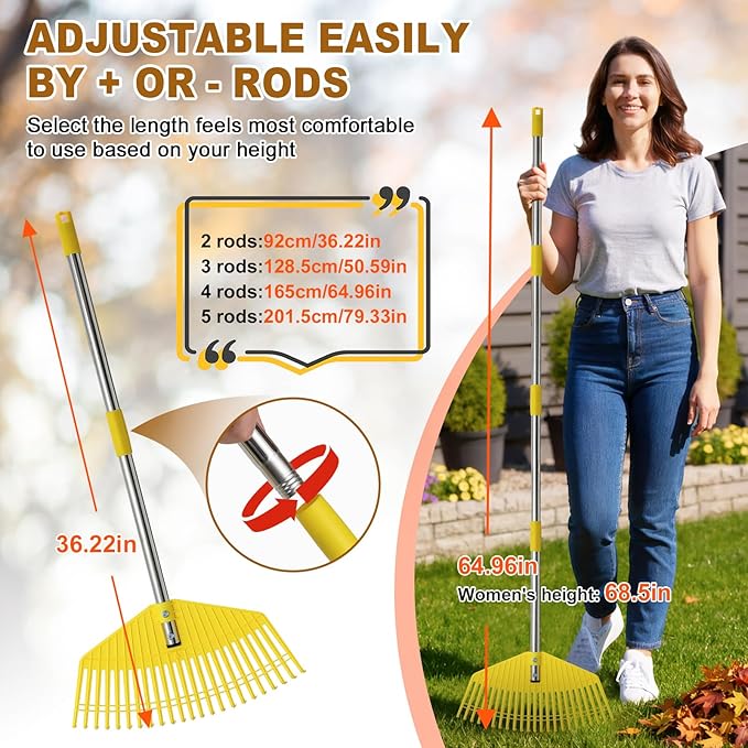 Leaf Rake - 17" Wide Nylon Plastic Head,65" Adjustable Handle,Heavy Duty for Leaves,Grass,Pine Needle,Mulch, Small Debris,Lawn-Friendly Tines,Lightweight for Women,Seniors & Kids