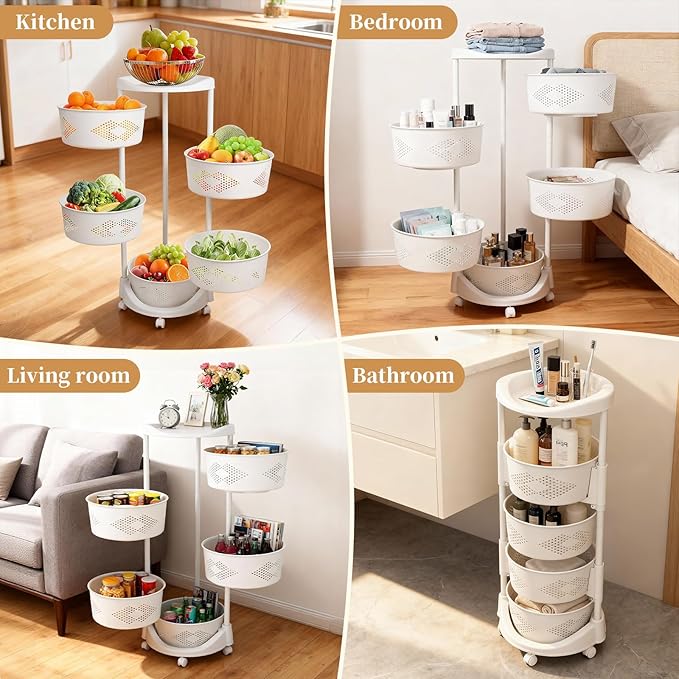 5-Tier Rotating Kitchen Organizer Rack with Wheels, PP Plastic Storage Shelf with Baskets for Countertop, Pantry, Bathroom & Home, Space-Saving Multifunctional Display Stand