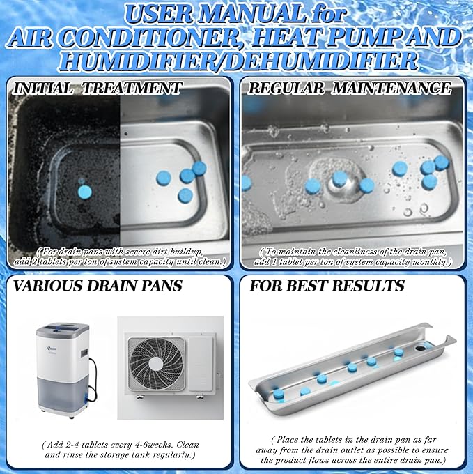 48 Pcs Ac Drain Pan Tablets Upgraded Drain Line Cleaner Air Conditioner Condensate Pan Tablets for Ac Units, Prevents Overflow, No Odors for HVAC Systems, Mini-splits, Dehumidifiers