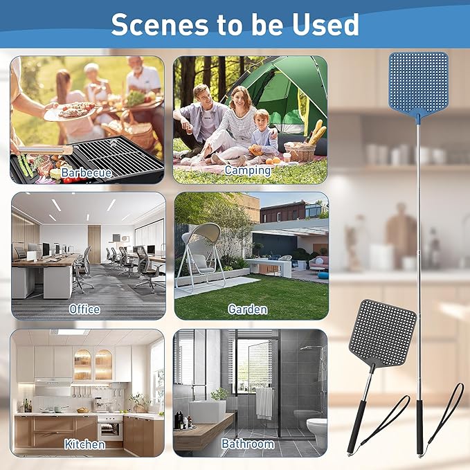 Telescopic Fly Swatters 2 Pack, Upgrade Plastic Flyswatter, Fly Swatter Heavy Duty for Indoor, Outdoor, Classroom, Stainless Steel Handle（Black, Blue）