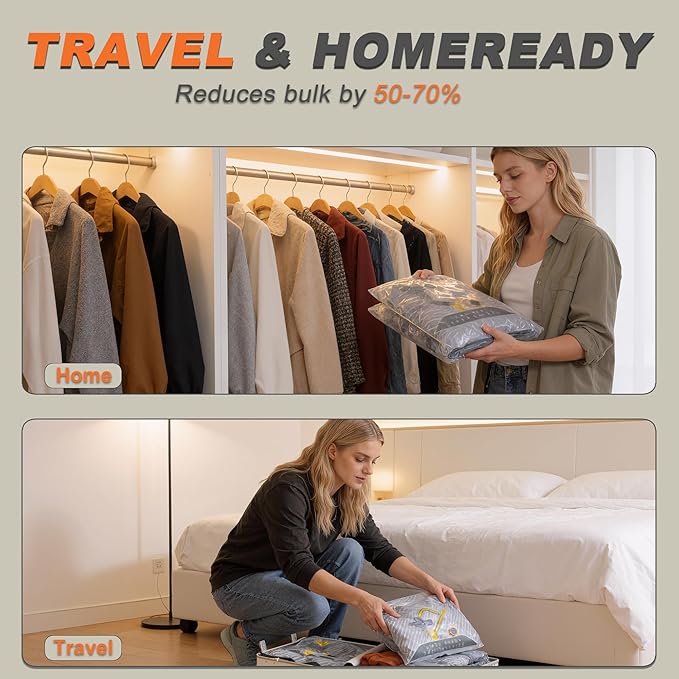 10-Pack Vacuum Bags for Travel with Wireless Rechargeable Pump, Carry-on Size Compression Packing Bags for Luggage & Suitcase, Space Saver for Clothes & Clothing, 10 Combo Travel Size, Fast 3S Vacuum