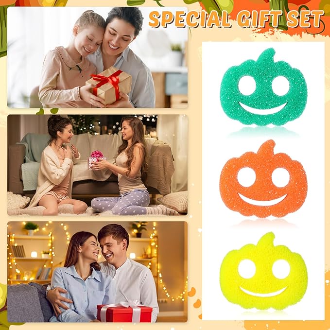 3 Pcs Dual Sided Scrub Sponge Multi Functional Cute Temperature Sensitive Non Scratch Dish Sponge for Washing Dishes Kitchen Bathroom (Thanksgiving Pumpkin,Orange, Yellow, Green)