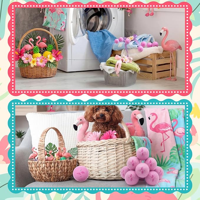 Jenaai 6 Pcs Wool Dryer Balls Bulk for Easter Laundry Basket Cute Organic XL Wool Dryer Laundry Balls Natural Soft Fabric Softener Anti Static Fabric Softener Alternative for Clothes(Pink Flamingo)