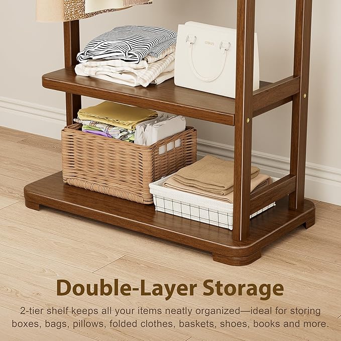 Taitiy Coat Rack Solid Wood Clothes Rack with 2 Shelves & 4 Hooks for Hanging Clothes Garment Wallets Hats, Clothing Rack Coat Rack Freestanding Hall Tree with Storage for Hallway Bedroom Living Room