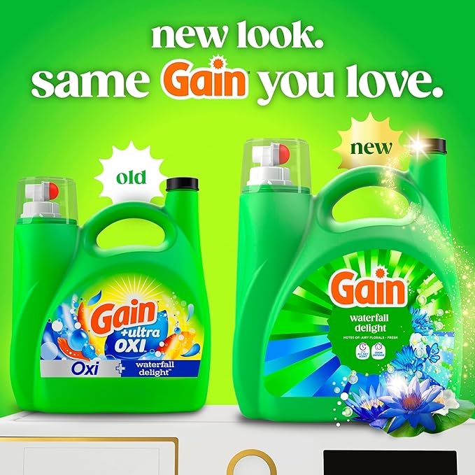Gain Ultra Oxi Liquid Laundry Detergent, 107 loads, 154 fl oz, Waterfall Delight Scent, 2-in-1, HE Compatible