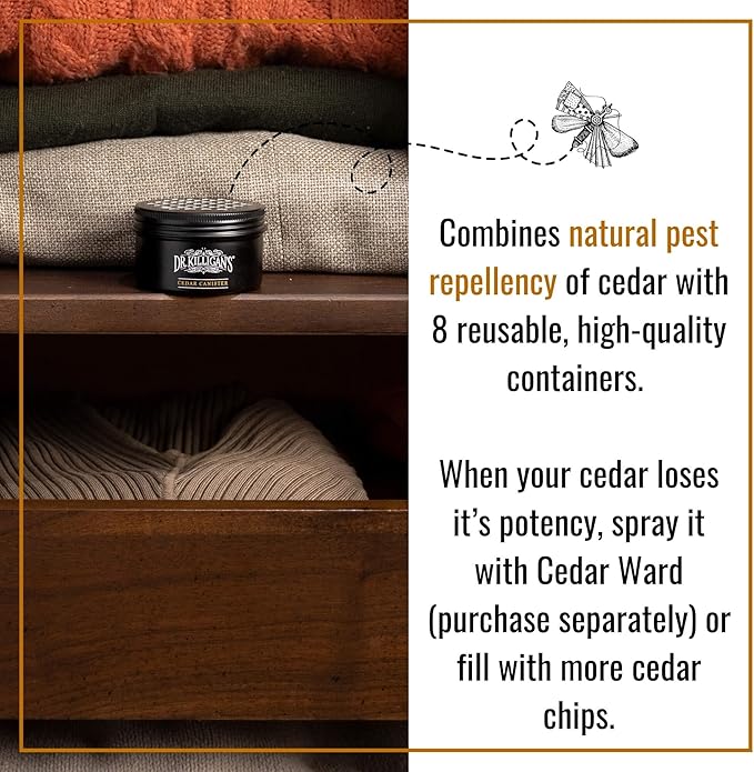 Dr. Killigan's Cedarwood Chip Canisters - Moth Repellent for Closets, Cedar Blocks for Clothes Storage, Drawer Deodorizers, 8 Reusable Tins with Wood Shavings