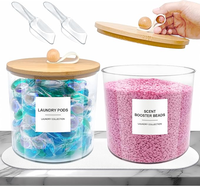 2 Pack Laundry Pods Container,Laundry Room Organization and Storage Jars,Laundry Detergent Container for Powder,Pods,Scent Booster,with Non-Slip PU Leather Pad and Handle,Bamboo Lids,Labels and Scoops
