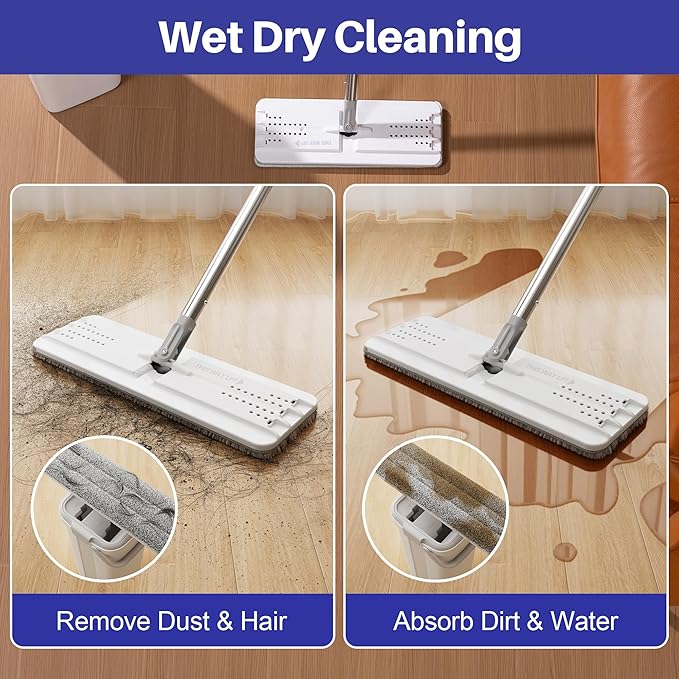Mop and Bucket Set, Flat Mops for Floor Cleaning, Wall Mop with 60" Extensible Handle, Hardwood Floor Mop with 6 Microfiber Pads