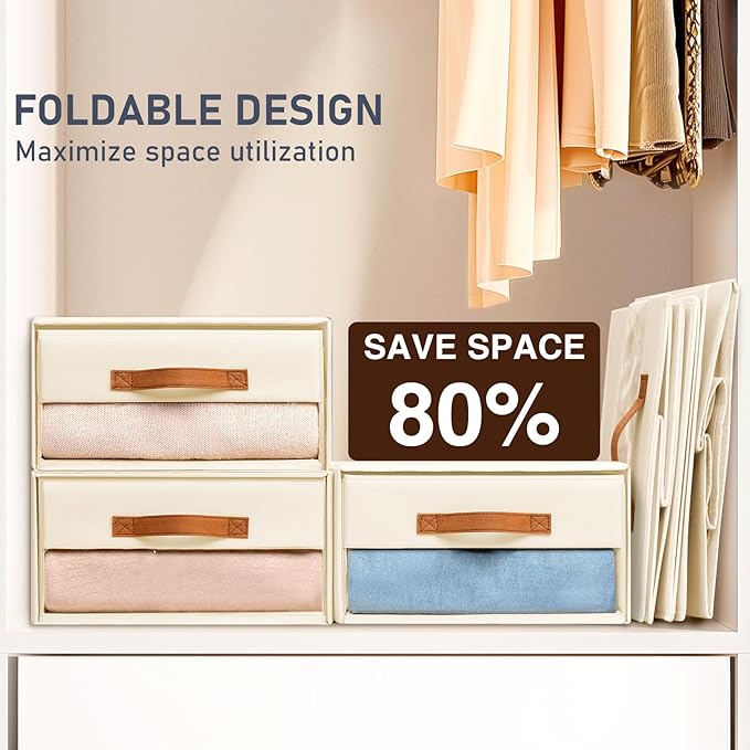 DIMJ Closet Organizers and Storage - Fabric Bins with Drawers for Closet Foldable Clothes Organizers with Clear Window, Stackable Storage Drawers for Bedroom, Living Room, 4-Pack, Beige
