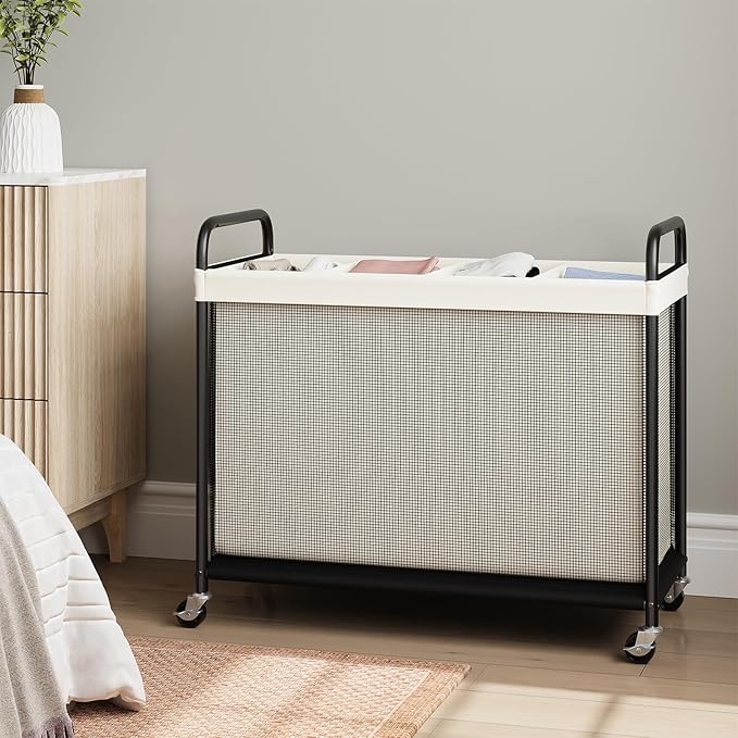 ELYKEN Laundry Hamper 4 Section, 140L Rolling Laundry Sorter with Removable Liner Bag, Laundry Basket with Wheels, Steel Frame with Metal Handle, Clothes Hamper Cart for Laundry Room & Bedroom