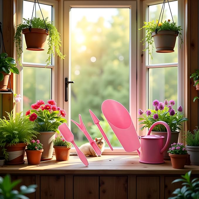 4 Pcs Pink Set Mini Garden Soil Spoon Plastic Planting/Transplanting Garden Tool Set Indoor Mini Garden Plant Care Shovel Soil Cup Bucket Shovel Transplanting Tool Gardening Shovels
