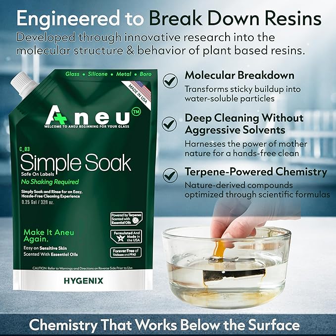 Aneu Simple Soak 32oz – Soak & Rinse Formula | Easily Dissolves Tough Resins & Grime | No Shaking Required | Cleans Glass, Silicone, Metal, & Borosilicate | 32oz - 1 Pack