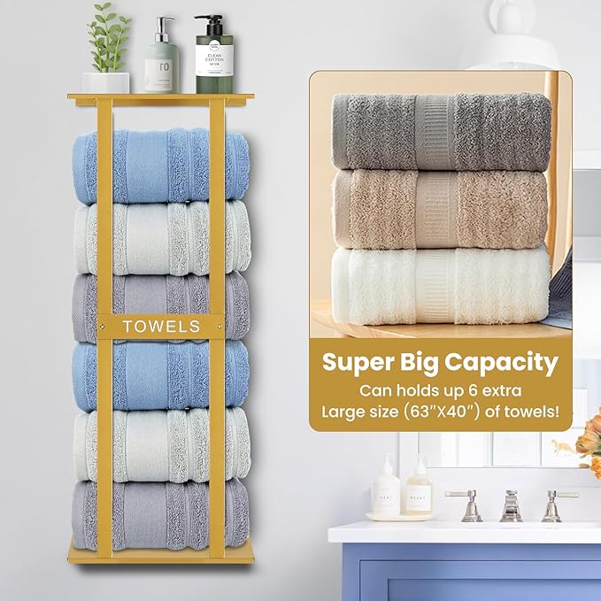 Bathroom Towel Storage Rack, Wall Mounted Bathroom Towel Rack, 30 inch Heavy Duty 6 Large Towels, Wall Mounted Towel Rack for Rolled Towels, Gold