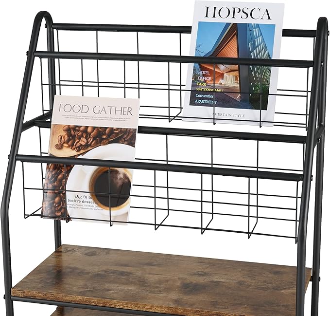 VECELO Magazine Holder Floor,2-Tier Metal Magazine Racks, Newspaper Display Stand with Board Shelves for Books and Brochure in Home Office,Shopping Malls,Indoor&Outdoor Place, Retro Brown