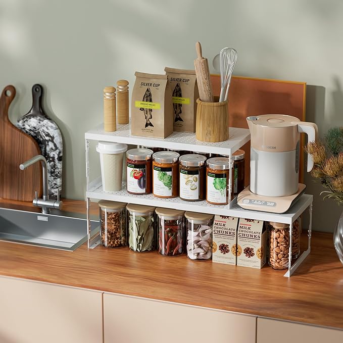 Jojocross Adjustable Stackable Metal Storage Shelf Organizer - Expandable Wire Rack with Perforations for Kitchen, Pantry, Bathroom, Cabinet & Office-Compact, Durable & Sturdy (3PACKS/Medium/White)