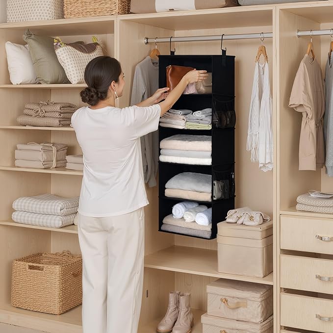 StorageWorks 5-Shelf Hanging Closet Organizers, Foldable Closet Storage Organizer with 2 Side Pockets, Portable Hanging Shelves for Clothes, Sweater, Towels, 12 1⁄2" D x 15" W x 48" H, Black