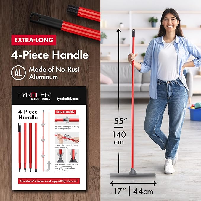 Tyroler Floor Squeegee for Concrete Floors, 17" Heavy Duty Squeegee for Floor, Squeegees Broom for Floors with 55" 4 Part Handle Perfect for Tiles, Marble, Garage, Deck, Patio, Bathroom, Shower