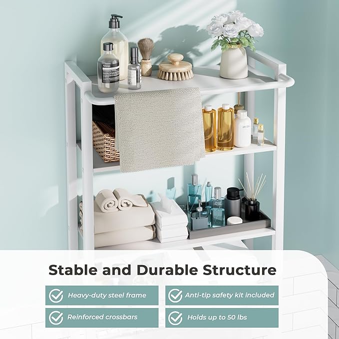 GRUSIGN Over-The-Toilet Storage Shelf, 4-Tier Bathroom Organizer Shelf, Freestanding Space Saver Shelves Over Toilet with Adjustable Shelf for Bathroom, White