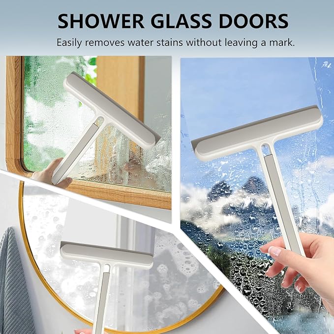 Squeegee 4-in-1 Window Cleaning Tool, Replaceable Foam-Friendly Brush Strip - Hanging & Water-Rinsable for Shower Glass, Glass Doors, Windows, Kitchen Stove, Car | Window Cleaning kit