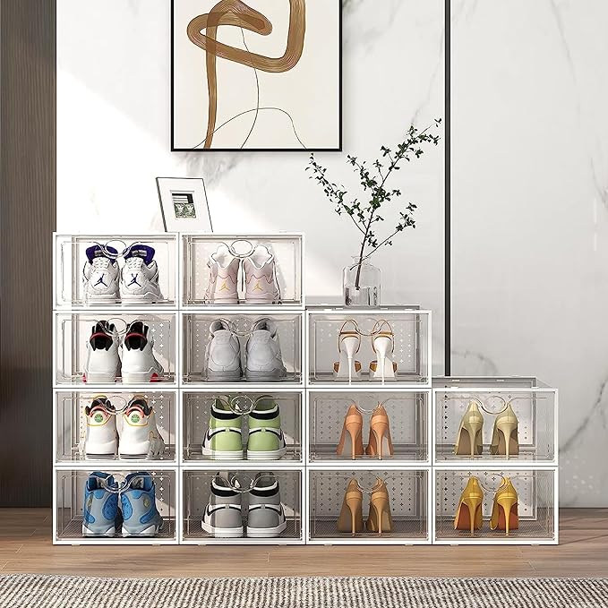 Pinkpum XXL Larger Shoe Storage Boxes Fit Size 14, Clear Plastic Stackable Shoe Organizer 6 Pack Sneaker Storage for Sneakerheads Shoe Containers