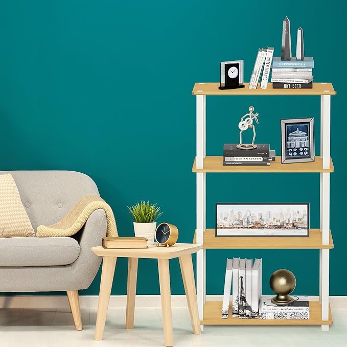 Furinno TURN-S-TUBE Storage Shelves, 4-Tier Book Shelf, Corner Shelf, Toolless Open Shelves, for Organization and Storage, Living Room, Garage, Home Office, Beech