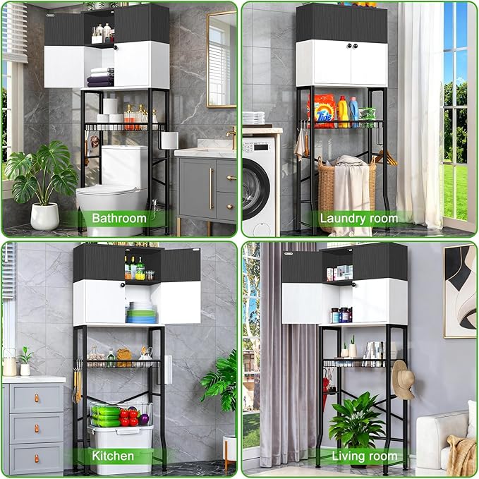 Over-The-Toilet Storage Rack, 4-Tier Bathroom Organizer Shelf Over Toilet with Barn Doors Cabinet and Basket, Freestanding Space Saver Bathroom Shelves with Paper Holder Above Toilet (Black & White)