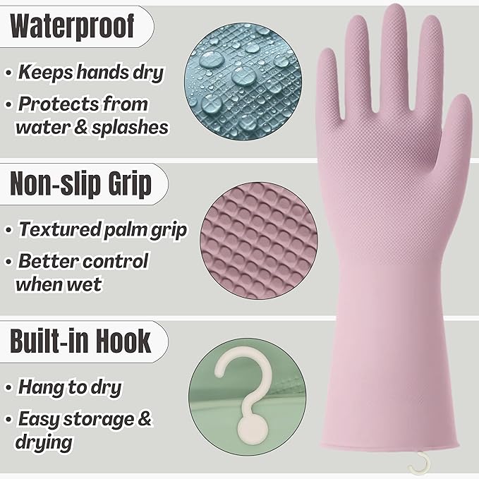 IMARU 3 Pairs Dishwashing Gloves with Hanging Hooks - Reusable Rubber Cleaning Gloves for Household & Kitchen & Gardening, Non-Slip & Waterproof & Durable (Medium)