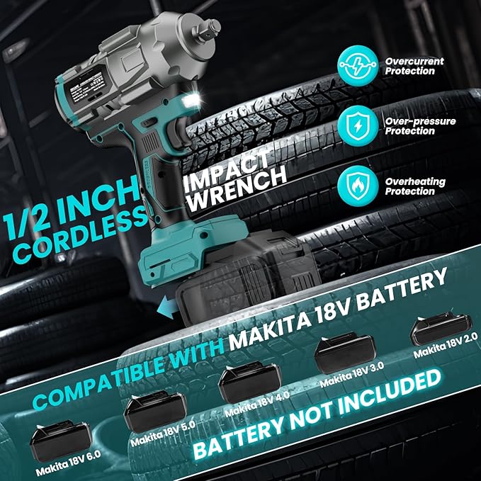 Cordless Impact Wrench 1/2 inch for Makita 18V Battery, Impact Wrench 1360N.m(950Ft-lbs) High Torque Brushless Electric Impact Gun, Power Impact Driver with 3-Mode Speed, LED Work Light(no battery)