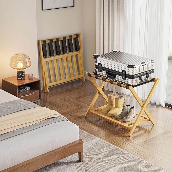 BAMBOOHOMIE 2 Pack Bamboo Luggage Rack for Guest Room, 26.77" Folding Wide Suitcase Stand with Storage Shelf, Thickened Luggage Stand Holder for Bedroom Hotel, Luggage Rack for Suitcases (Natural)