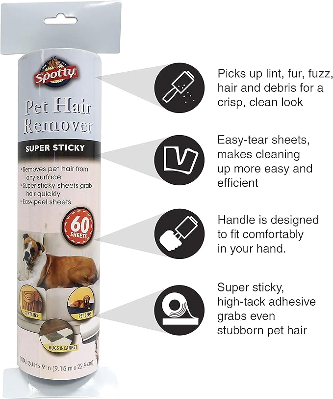 Spotty Supersize Extra Sticky, Adhesive Lint Roller Refill, Pet Cat & Dog Hair Remover for Clothes and Furniture, 60 Sheet ct (Pack of 6)
