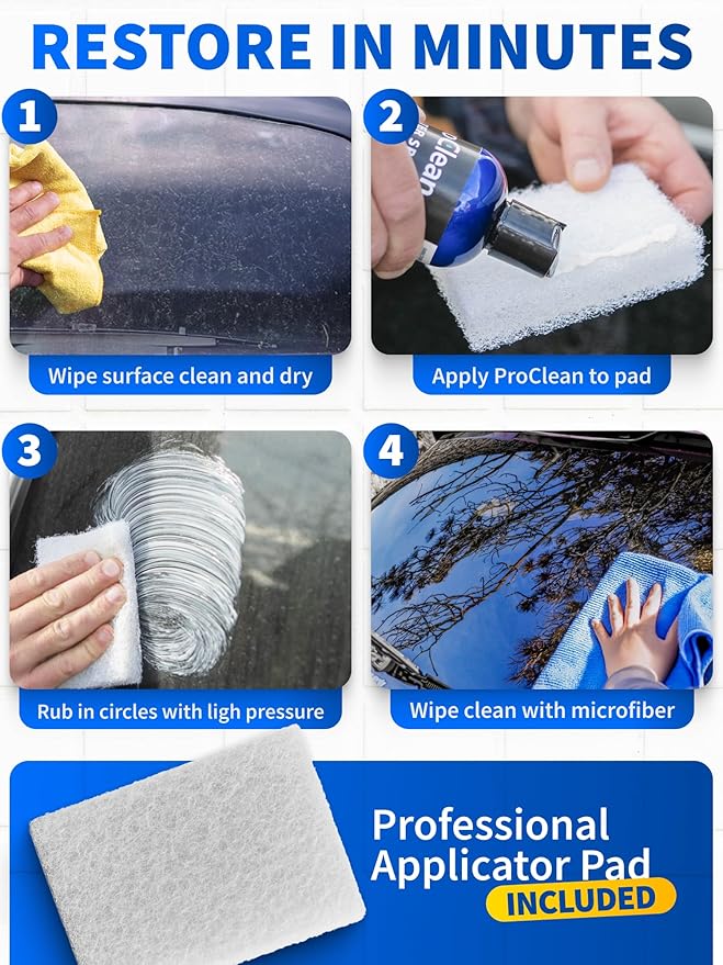 GlasWeld ProClean Hard Water Stain Remover for Glass & Metal – Non-Acid Mineral Deposit & Water Spot Remover for Cars & Shower Glass Cleaner - Removes Hard Spots from Windows – with Applicator Pad