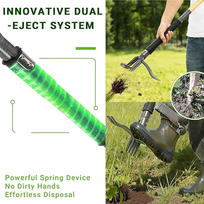 Weed Puller Tool, Heavy Duty Gardening Hand Tools with 4-Claw Steel Head & Dual-Eject Mechanism, 57.5" Bamboo Long Handle Stand Up Weeding Tool for Lawn Yard, Includes 16 Gallon Leaf Bag