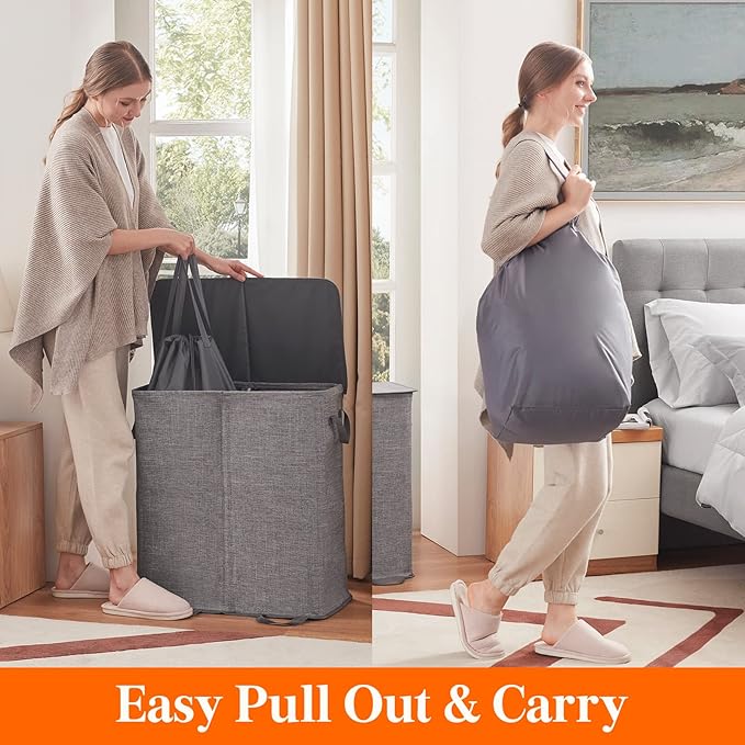 Lifewit Double Laundry Hamper with Lid and Removable Laundry Bags, Large Collapsible 2 Dividers Dirty Clothes Basket with Handles for Bedroom, Laundry Room, Closet, Bathroom, College, 136L Gray