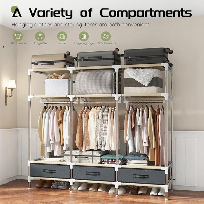 Portable Wardrobe, Freestanding Closet Hanging Organization, Metal Frame with Grey Fabric Cover, 3 Storage Compartments, 3 Hanging Rods, 3 Drawers.