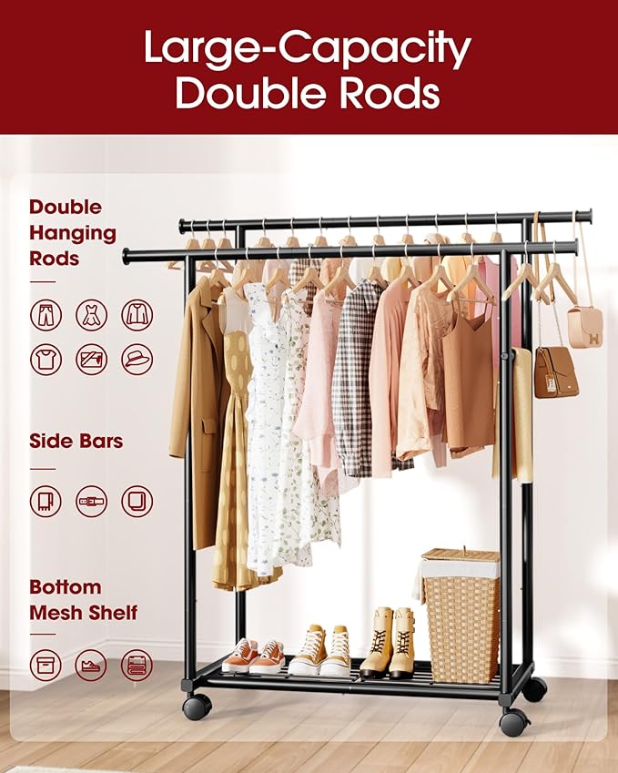 Sakugi Metal Clothes Rack - Double Rod Clothing Rack with Fixed Design and Rolling Wheels, Coat Rack with Built-In Shelf for Closet Organizers and Storage (38.5" x 16.9" x 59.0", Black)