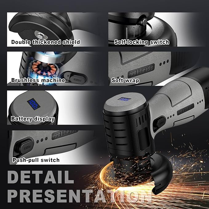 Brushless Cordless Angle Grinder Kit, 19500rpm Mini Electric Angle Grinding Tool with 2x16.8V 2000mAh Battery and 6-Cutting Discs, Grinder Handheld Cutter for Metal Wood