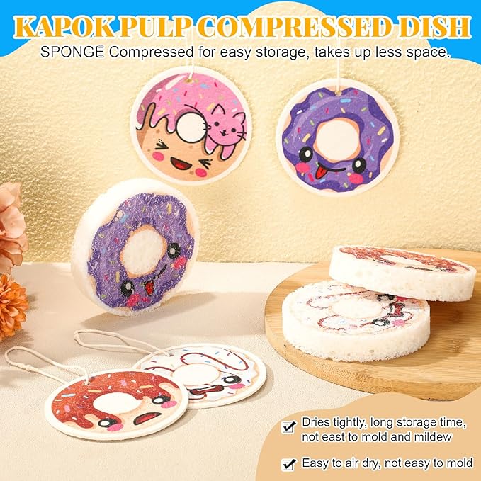 8 Pack Cute Kitchen Sponges Dish Set Compressed Non-Scratch Reusable Kitchen Cleaning Household Sponges for Dishes, Pans, Kitchen, Fruit, Plate, Bathroom(Donut)