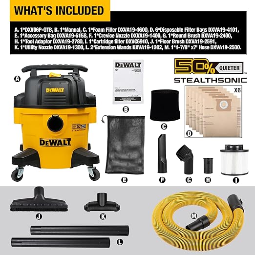 DEWALT 6-Gallon STEALTHSONIC Ultra Quiet Poly Shop Vacuum Wet and Dry with 6 Dust Bags, 5 Peak HP Noise Reduction Wet/Dry Vac for Jobsite, Workshop, and Garage, DXV06P-QTB