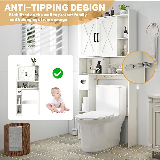 Over The Toilet Storage Cabinet, 32" W Over Toilet Bathroom Organizer with Toilet Paper Holder Stand, Home Space-Saving Toilet Rack for Bathroom, Restroom (2 Barn Doors+Open Shelf, White)