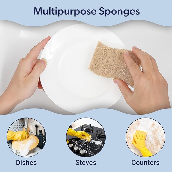happimess WPE2000A-12SET Natural Plant Based Non-Scratch Sisal Hemp/Cellulose Scrubbing Dish Sponge, Cleaning Sponge for Dishes, Bathroom, Household, Beige/White (Set of 12)